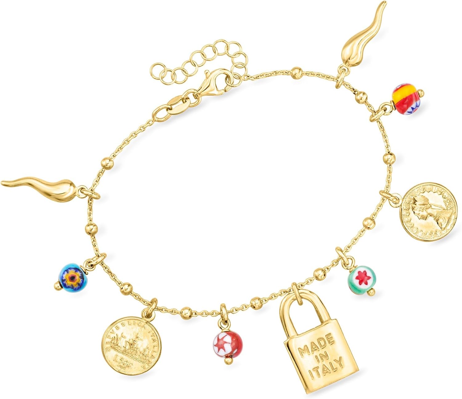Ross-Simons Italian 18kt Gold Over Sterling Charm Bracelet With Multicolored Murano Glass Beads. 7 inches