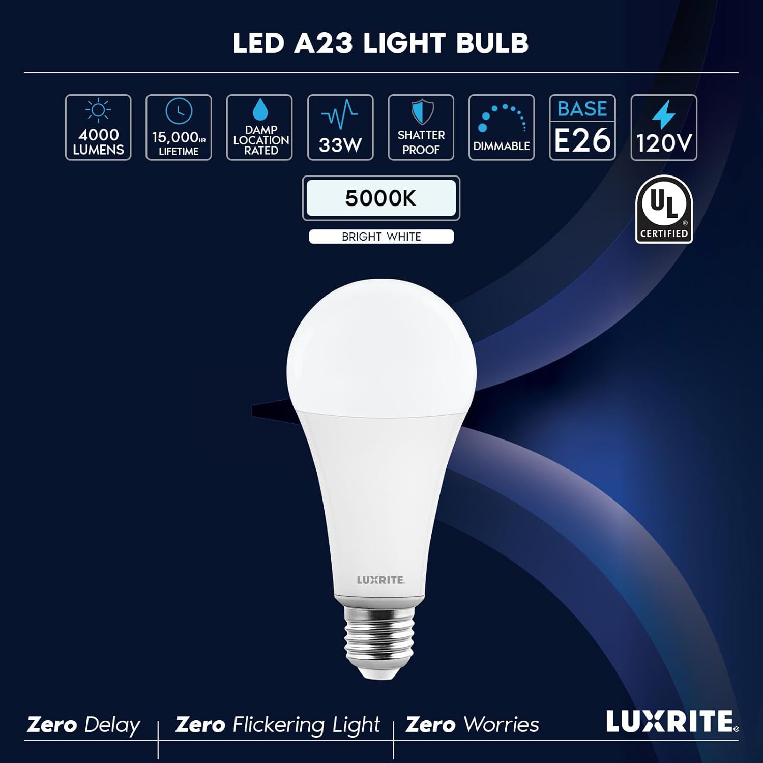 LUXRITE A23 LED Light Bulb, 33 Watt, E26 Base Bulb, 4000 Lumens, Dimmable, 5000K Bright White, 240° Beam Angle, CRI 80, 120V, Damp Rated, Shatter-Proof, UL Listed, Frosted (2 Pack)