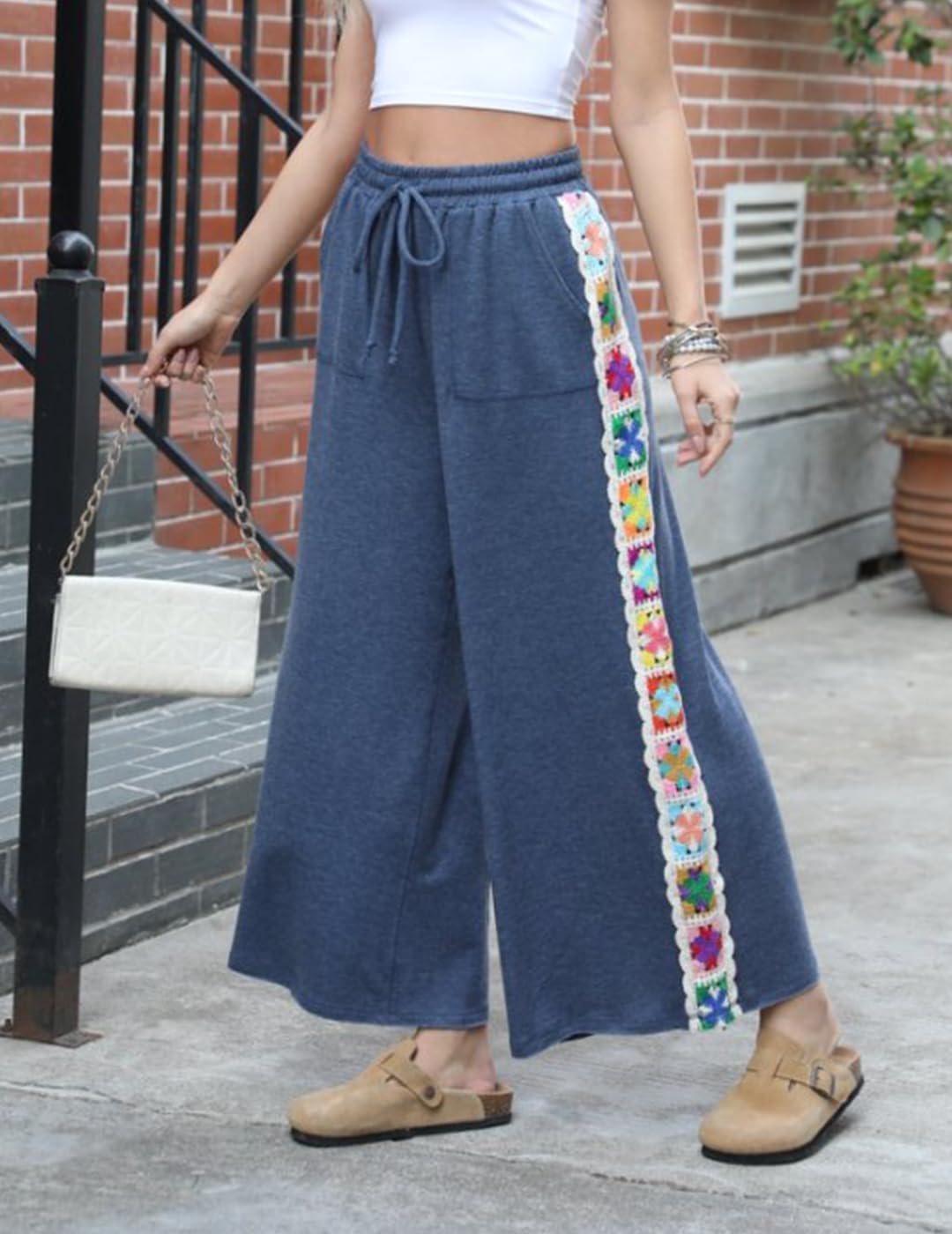 Womens Wide Leg Pants Stretch Casual Drawstring Waist Loose Lounge Sweatpants Crochet Panel Pant with Pocket - Image 2