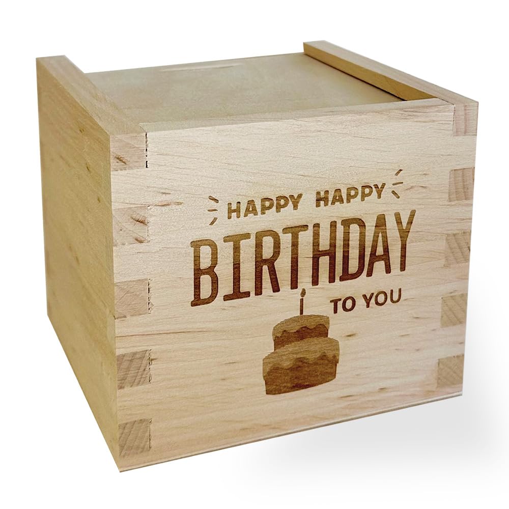 Geschenkbox mit Gravur „Happy Birthday“ – Geschenkverpackung aus Erlenholz mit Schiebedeckel, 11 x 11 x 9,5 cm, plastikfrei & EU-Qualität