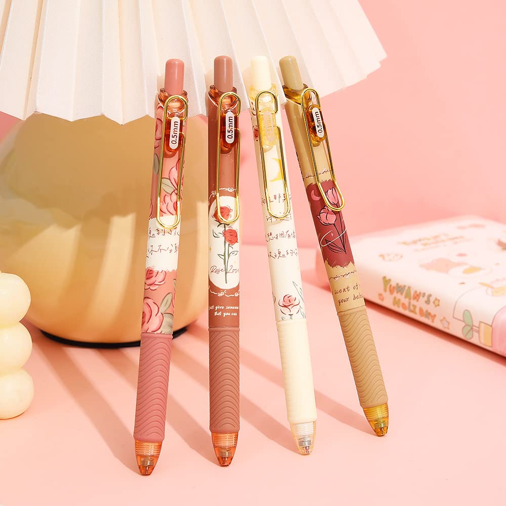 Schnell trocknende Tintenstifte, Kawaii-Kugelschreiber, einziehbarer Gelstift, 0,5 mm feine Spitze, schwarze Tinte, glattes Schreiben für Schule, Büro, Zuhause, 4 Stück (Rose)