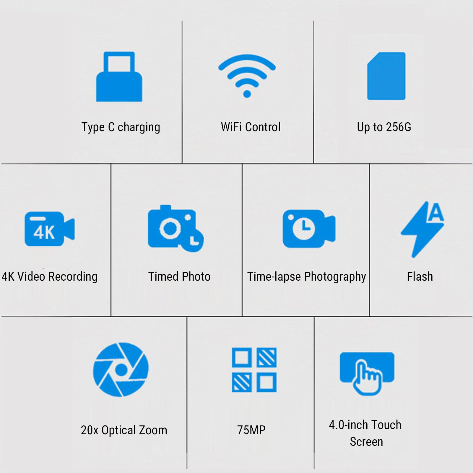 Cámara Digital para Fotografía, Cámara Vlog WiFi 4K 75MP con Zoom óptico 20X, Pantalla Táctil, Zapata para Micrófono Externo, para Vlogging