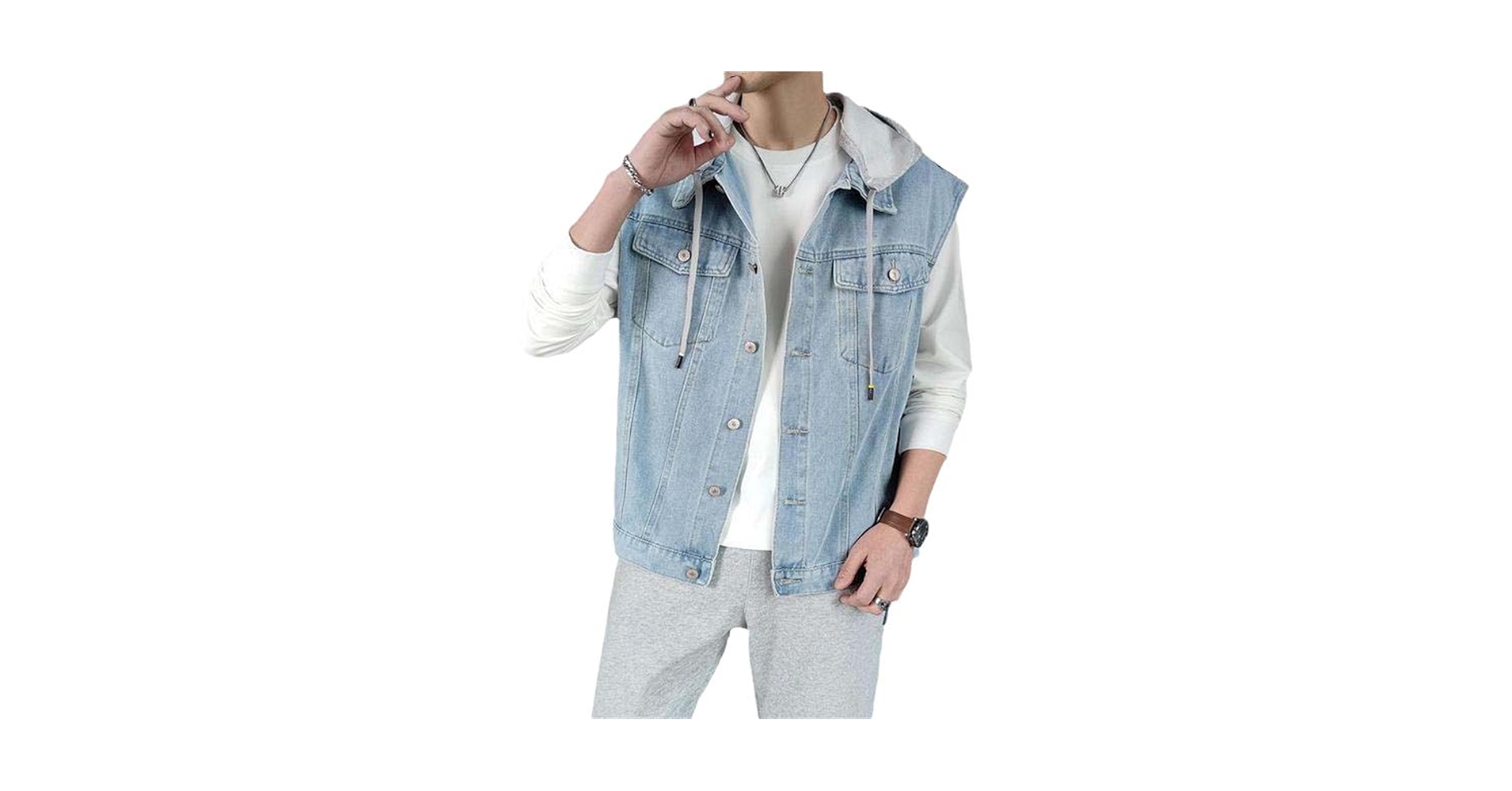 USTZFTBCL Men's Denim Vest with Hood,Loose Fit Retro