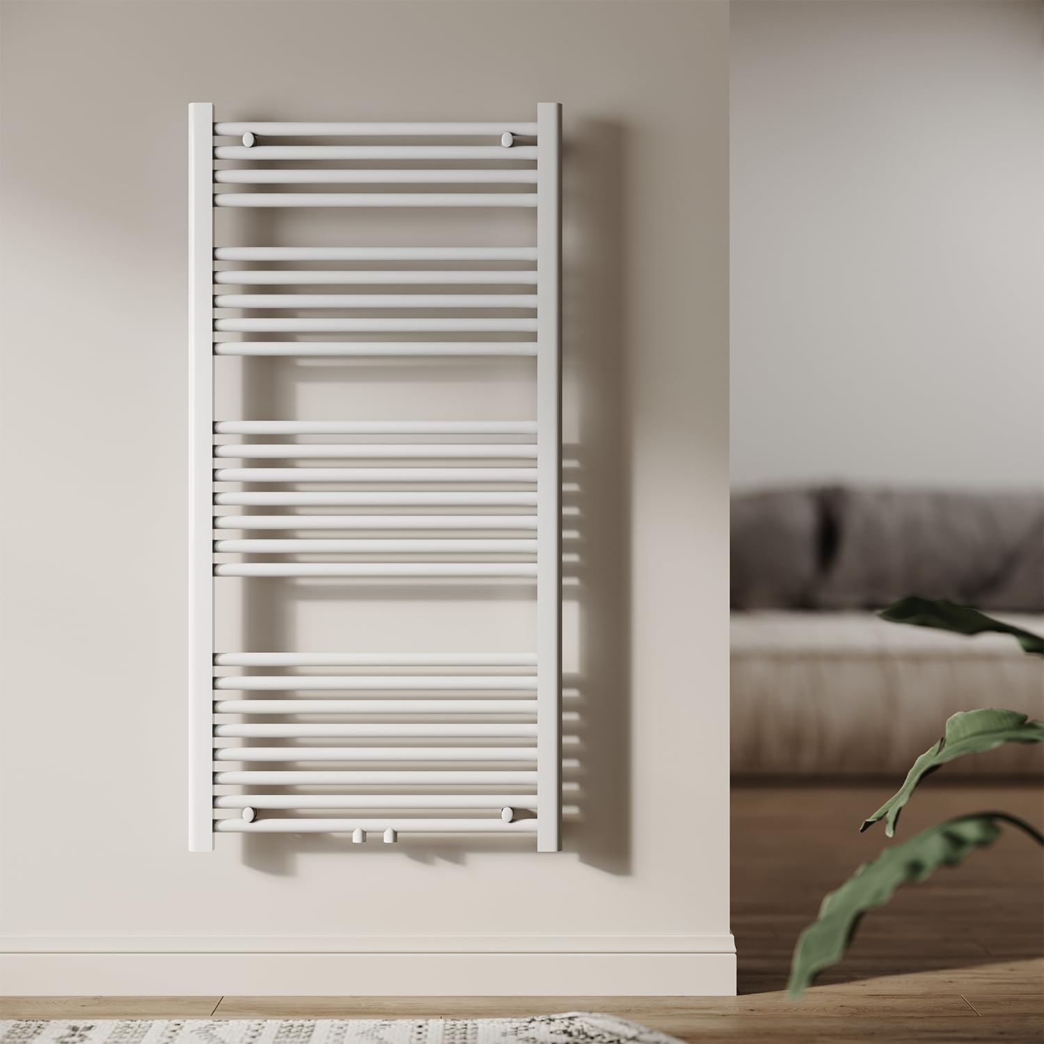 Grzejnik łazienkowy, 1200 x 600 mm, grzejnik na ręczniki, przyłącze środkowe, okrągła rura, ogrzewacz na ręczniki, grzejnik do ciepłej wody (587 W, biały)