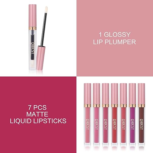 Miniatura 2 de QiBest 7Pcs Matte Liquid Lipstick and 1Pcs Lip Plumper Makeup Set, Pigmented Waterproof Halloween Lip Make Up Valentine's Day Gift Lip Gloss Sets