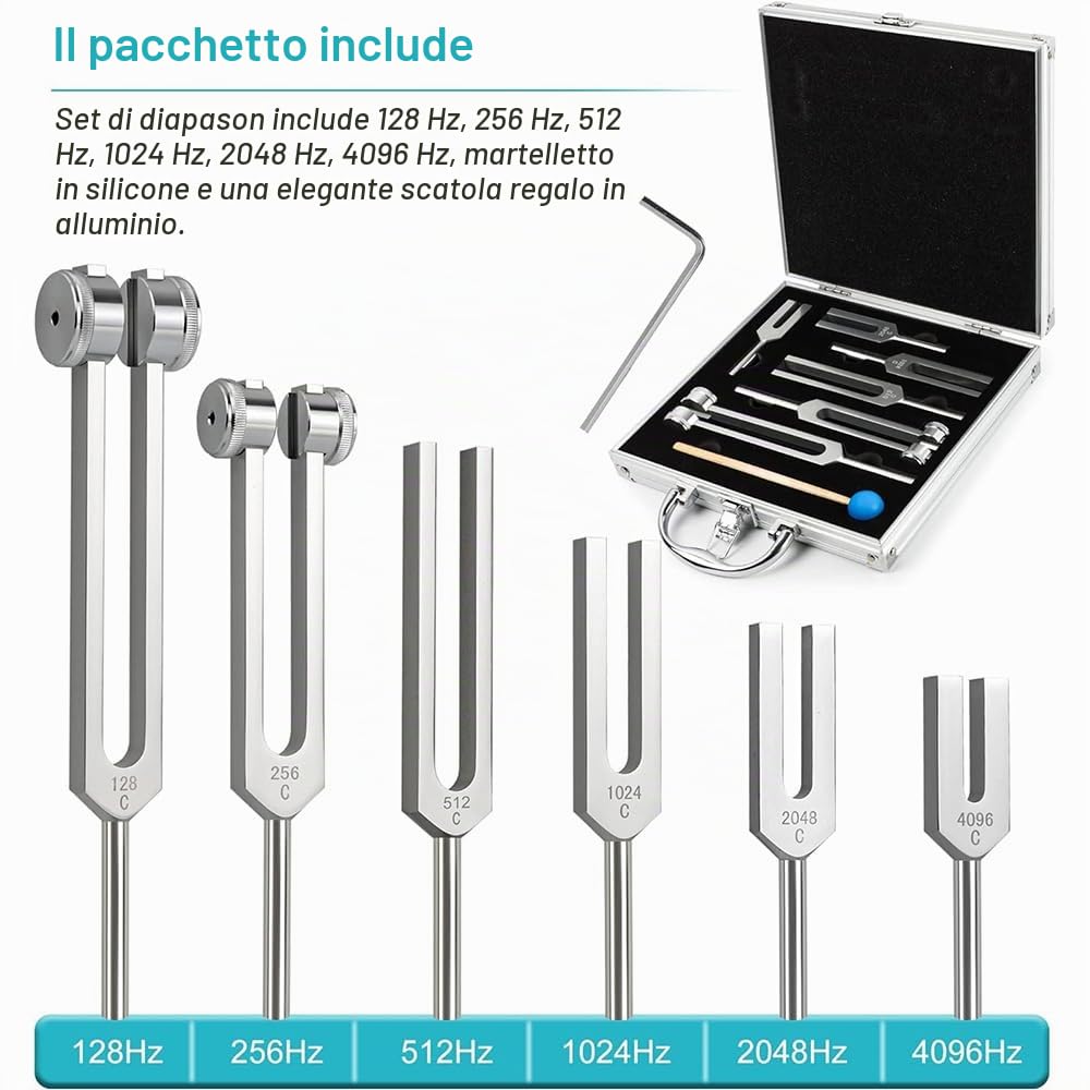 Diapason Neurologico,Set di 6 diapason (128 Hz, 256 Hz, 512 Hz,1024 Hz,2048 Hz, 4096 Hz), diapason ideale per la guarigione dei chakra, la guarigione del suono e l'antistress.