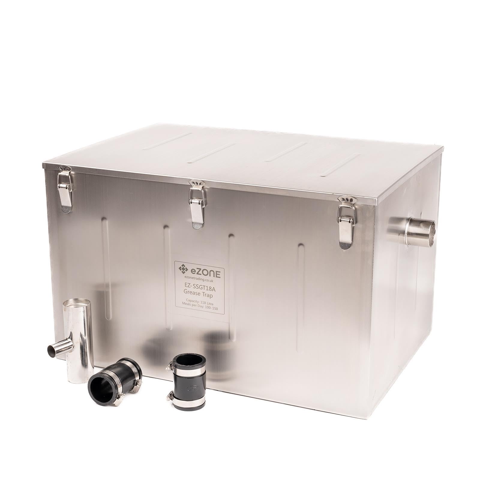 Commercial Catering Grease Trap 118 Litre Under Sink Kitchen Drainage Wastewater Fat Oil Interceptor Separator Stainless Steel with Couplings and T-Vent Pipe