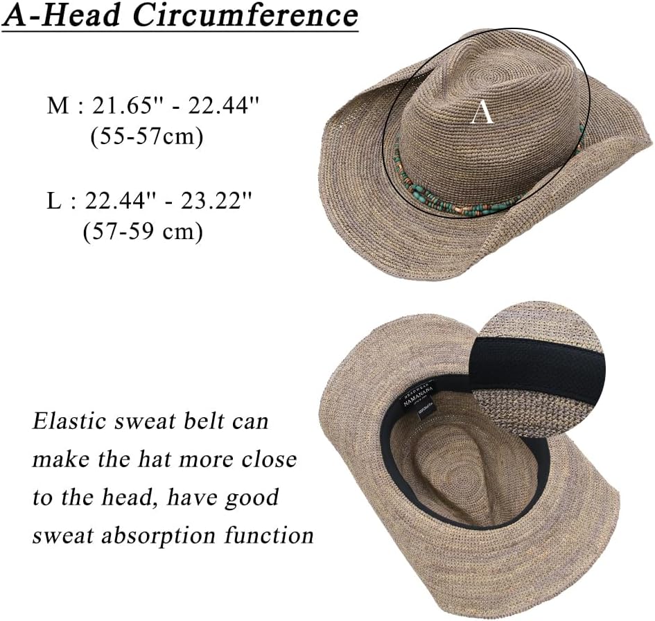 Raffia Straw Cowboy Hat,Women's Crocheted Summer Straw Hats, Classic Beach Sun Hats