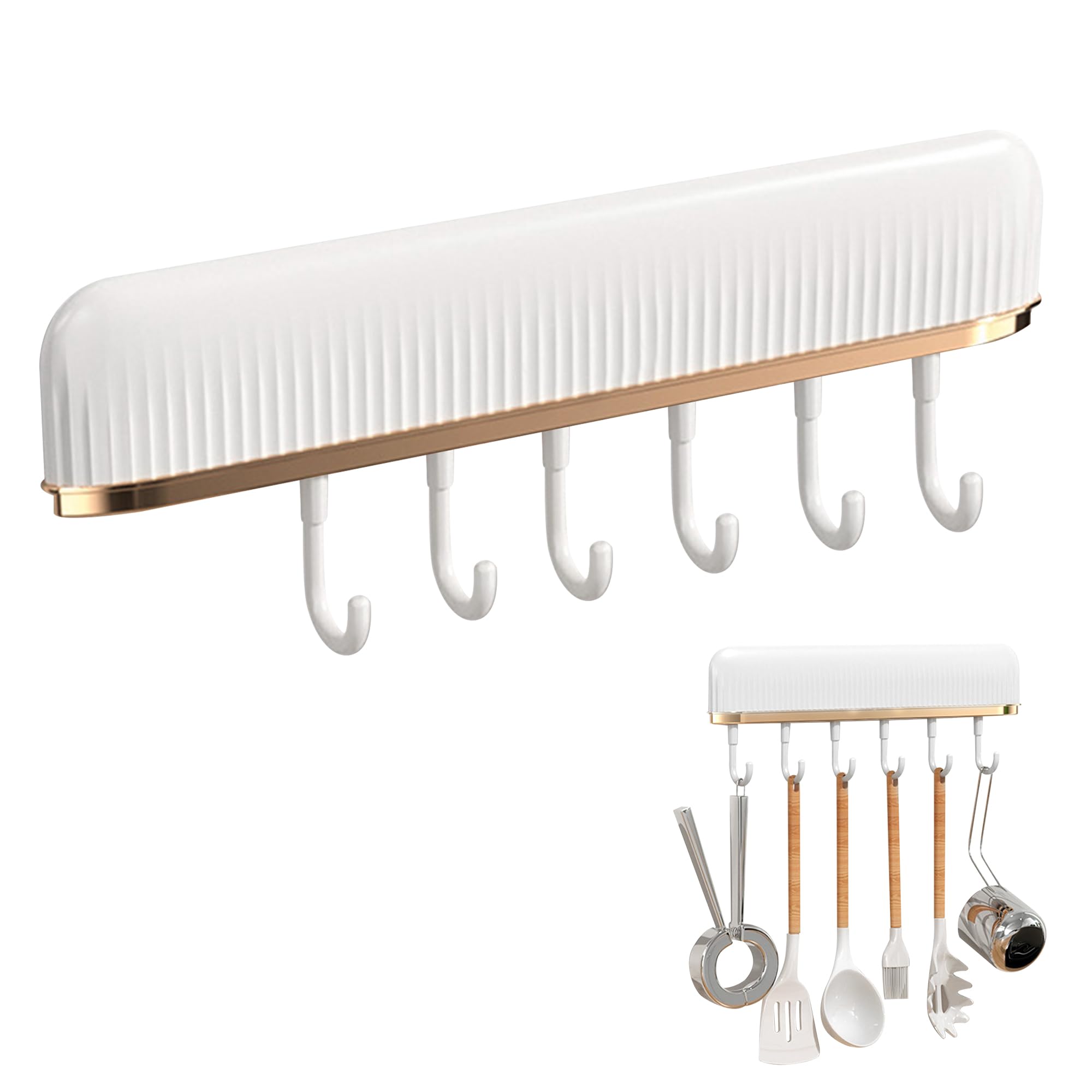 xiruiubao Barra Utensilios Cocina, Colgador Utensilios Cocina Pared con 7 Ganchos Móviles, Soporte para Utensilios de Cocina/Baño Sin Taladrar (30.2 * 6.2 * 3 cm, Blanco)