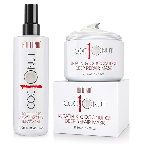 BOLD UNIQ Mascarilla capilar con aceite de coco y proteína de queratina y espray de protección del calor de coco, reparación hidratante intensiva