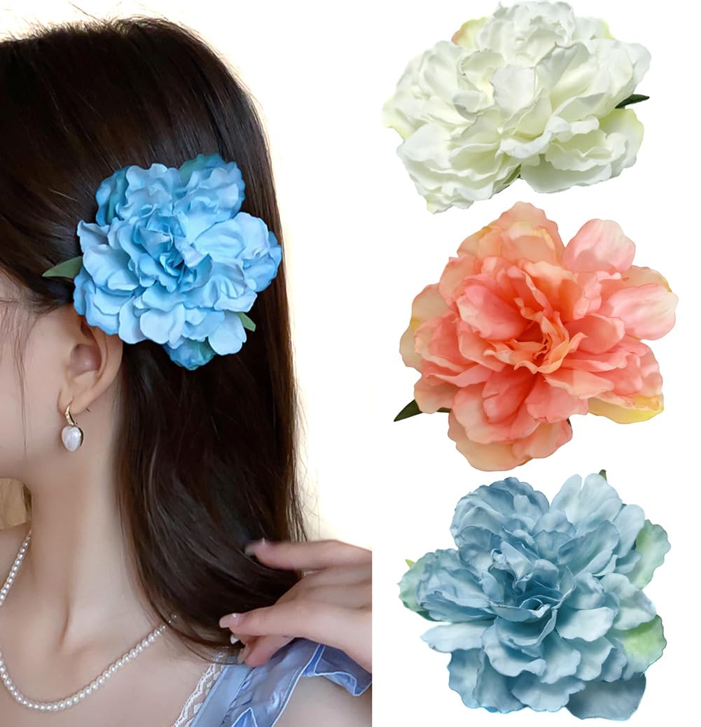 3PCS Boho Peony Flower Hair Clip Artificial Flower Hair Barrettes Floral Hairpins Hair Accessories for Women Brides Party Wedding Decor Vacation Beach Party
