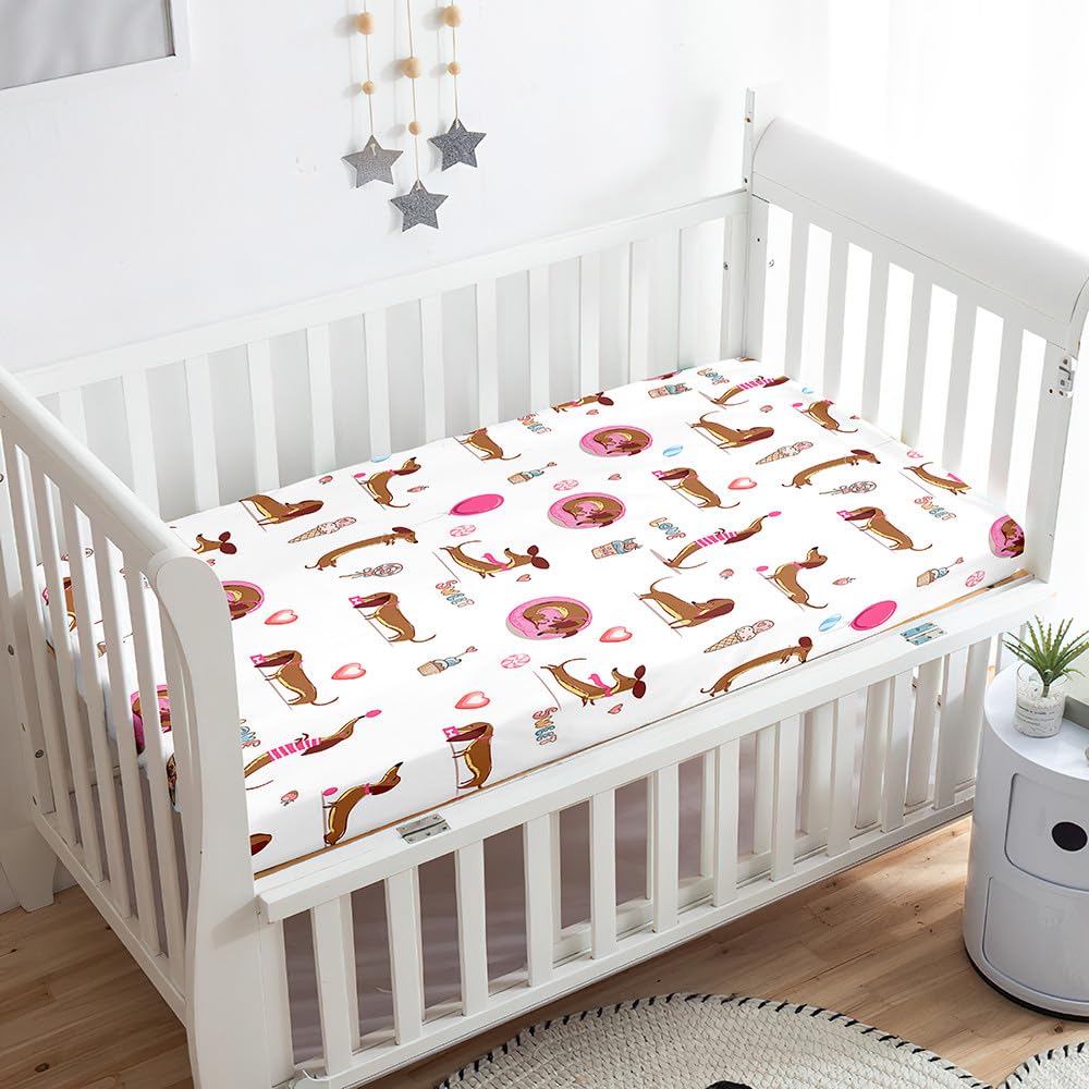 Odot Cot Bed Sheets Dachshund Print Bedside Cribs Fitted Sheets, Baby Bed Sheets Microfiber Cot Bed Mattress Protector, Bassinet Sheets, Easy Care Soft and Dureable (70x140 cm,Donut)