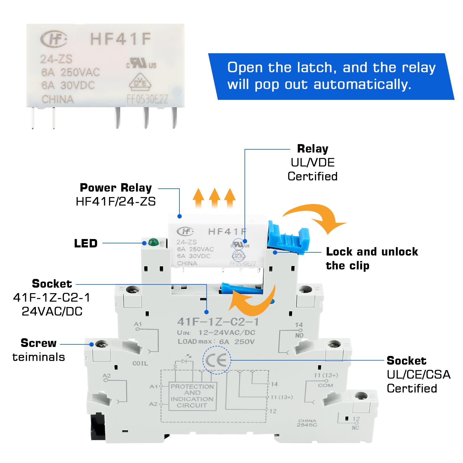 Relé de Señal DIN de 24V para PLC, HF41F/24-ZS, 5 pines, 1 NO, 1 NC, 6 A SPDT con Indicador LED, Relé de 24V CC, máx 6A, 250V CA/30V CC(10pcs)