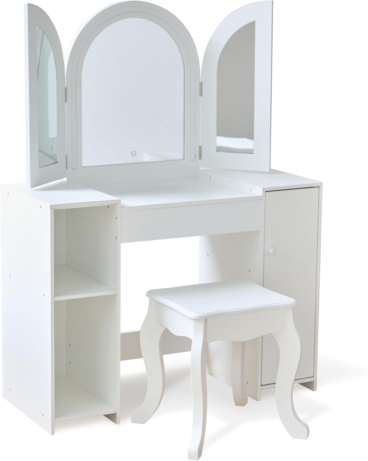 Teamson Kids 2-in-1 White Vanity Desk Set with Mirror & Stool for Girls - Dual Purpose Deluxe Glow Play Makeup Vanity & Desk with LED Lights & Cork Panels for Kids Ages +3