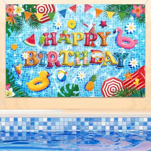 Image of Pool Party Decorations, 5x3Ft Blue Happy Birthday Pool Party Backdrop Banner Summer Pool Birthday Decorations for Summer Vacation Party Supplies Photo Booth Props
