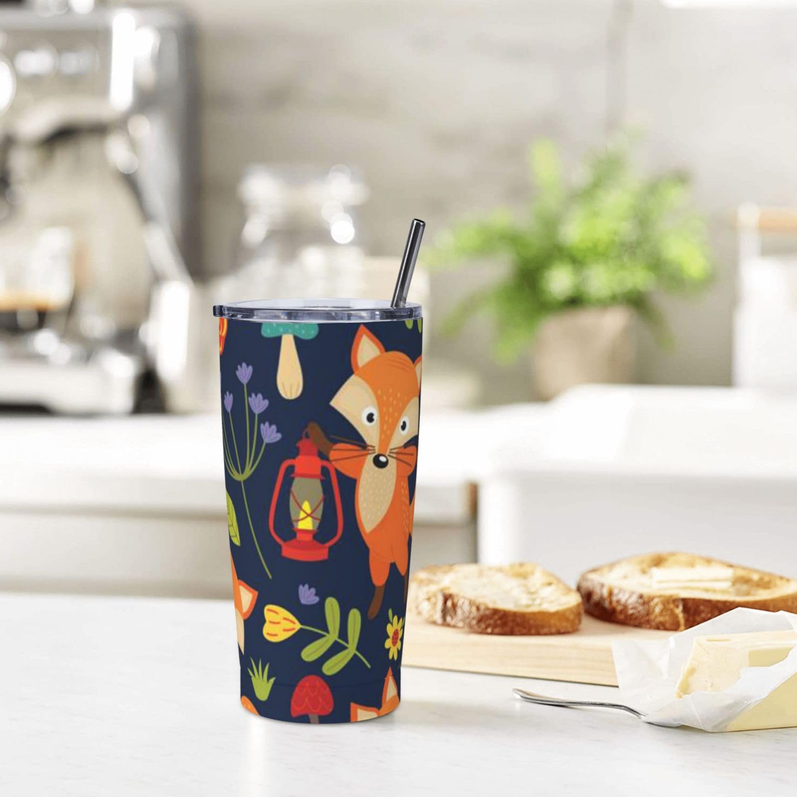 Tazza termica portatile in acciaio inox stampata con fiore di volpe animale carino
