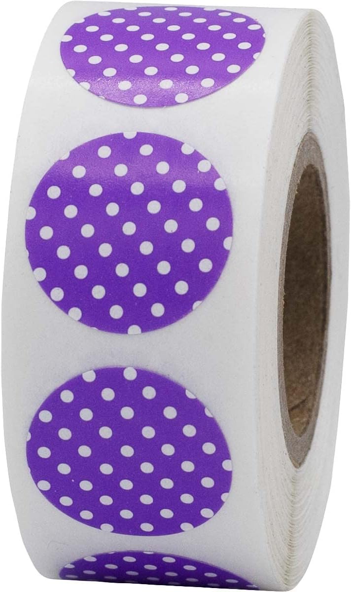 Purple with White Polka Dot Color Coding Labels - 3/4" Inch Round Circle Dots, 500 Total Adhesive Stickers on a Roll for Inventory and Crafting - Made in the USA