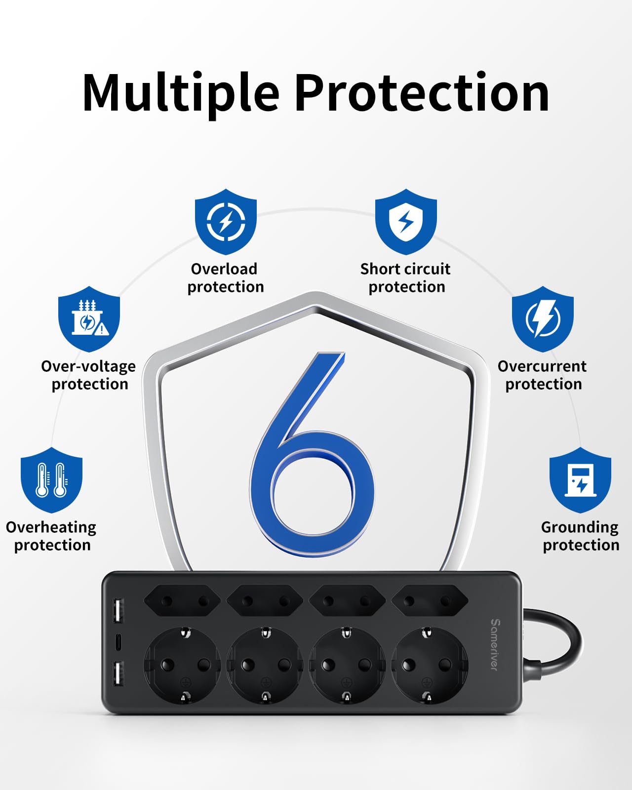 Ciabatta Elettrica Multipresa USB, 8 prese di Corrente e 3 USB, Striscia di Alimentazione Protetta da Sovratensione, presa di da 2 M con Interruttore per Scrivania, Ufficio, Casa, Nero F(Schuko)