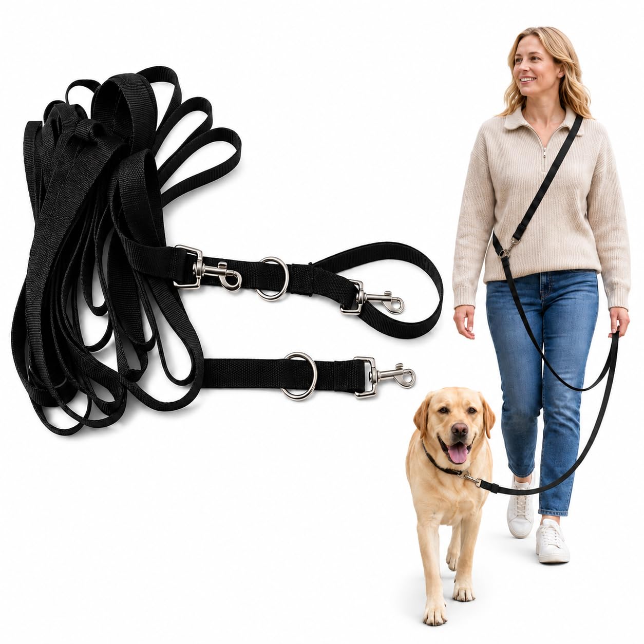 Hands-Free Dog Lead 5m Crossbody Leash with Metal Clips and O-Rings, Heavy Duty Long Training for Dogs up to 80 kg, Walking Camping Recall