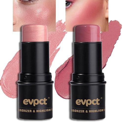 Miniatura 1 de Kaely Paquete de 2 barras de rubor en crema para mejillas, color rosa y rojo brillante para mejillas y labios, kit de maquillaje de contorno facial,