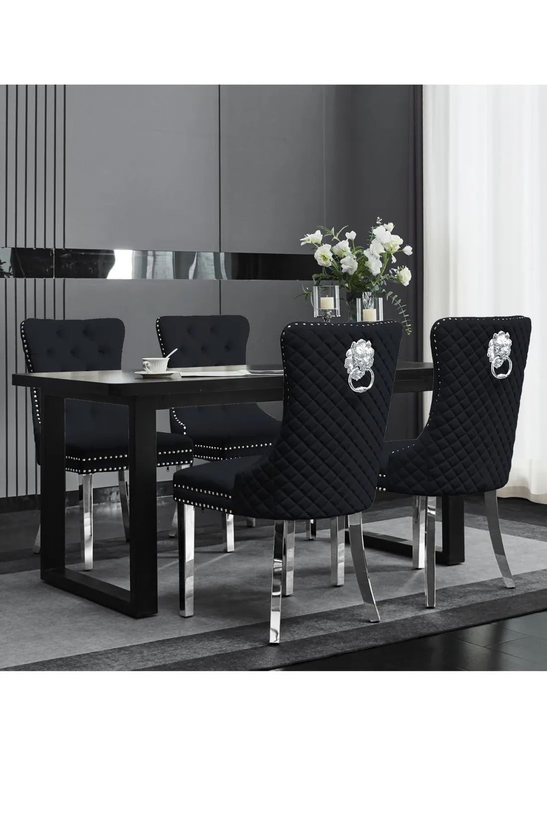 Set of 2 Velvet Dining Chairs with Lion Head Knocker – Quilted Upholstered Chairs with Chrome Legs, Silver Stud Detailing, Padded Comfortable Seating for Dining Room, Office, Accent Chair (Black)