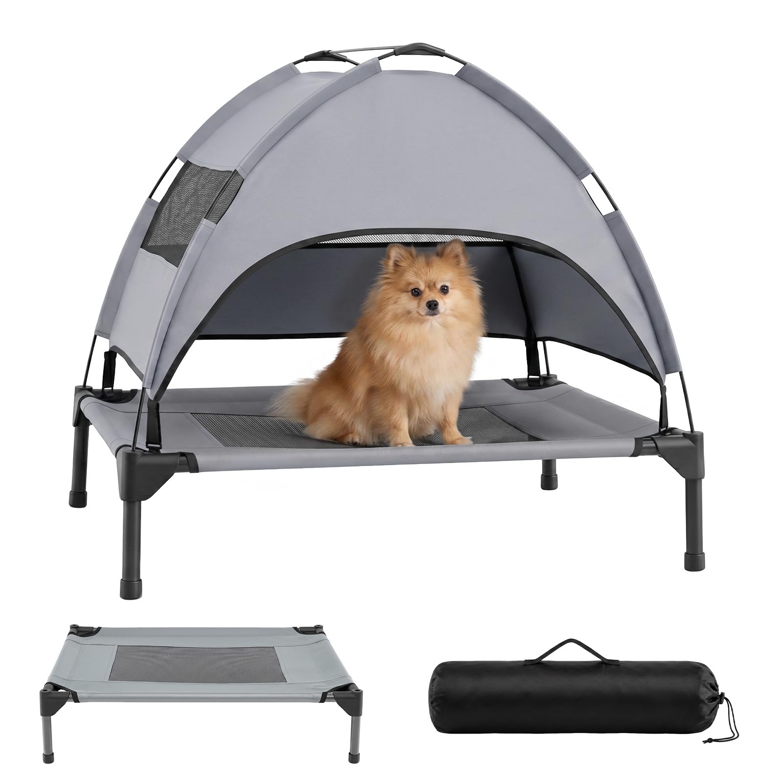 COSTWAY Cama Elevada para Perros con Toldo Extraíble (78,5 x 63 x 70 cm) | Tumbona Transpirable para Perros con Bolsa de Transporte, Cama Perro Verano para Mascotas, Interior y Exterior, Gris