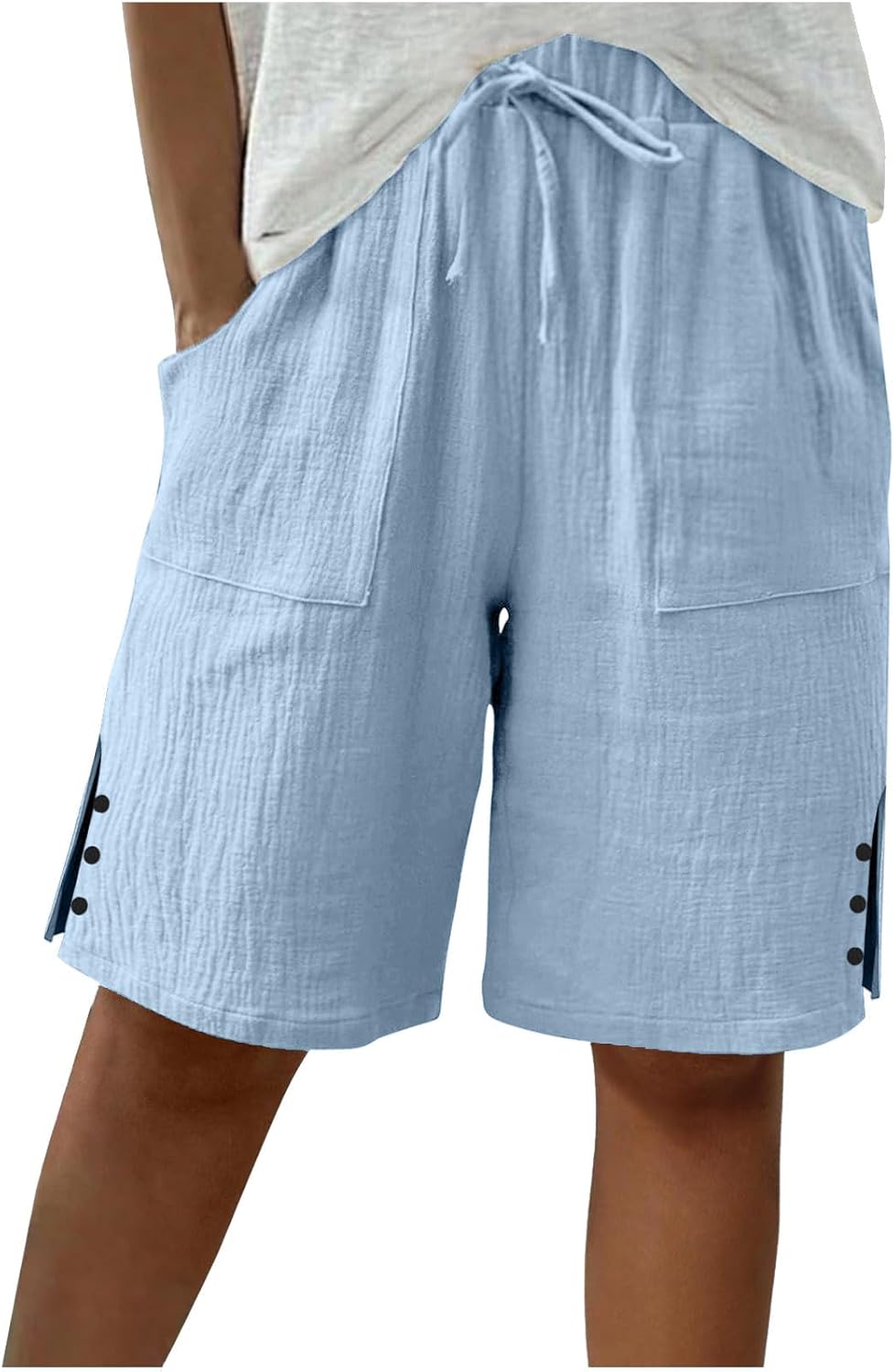 Women Casual Bermuda Shorts Summer Slit Hem Vacation Beach Shorts Drawstring Wide Leg Loose Bermuda Pants with Pocket