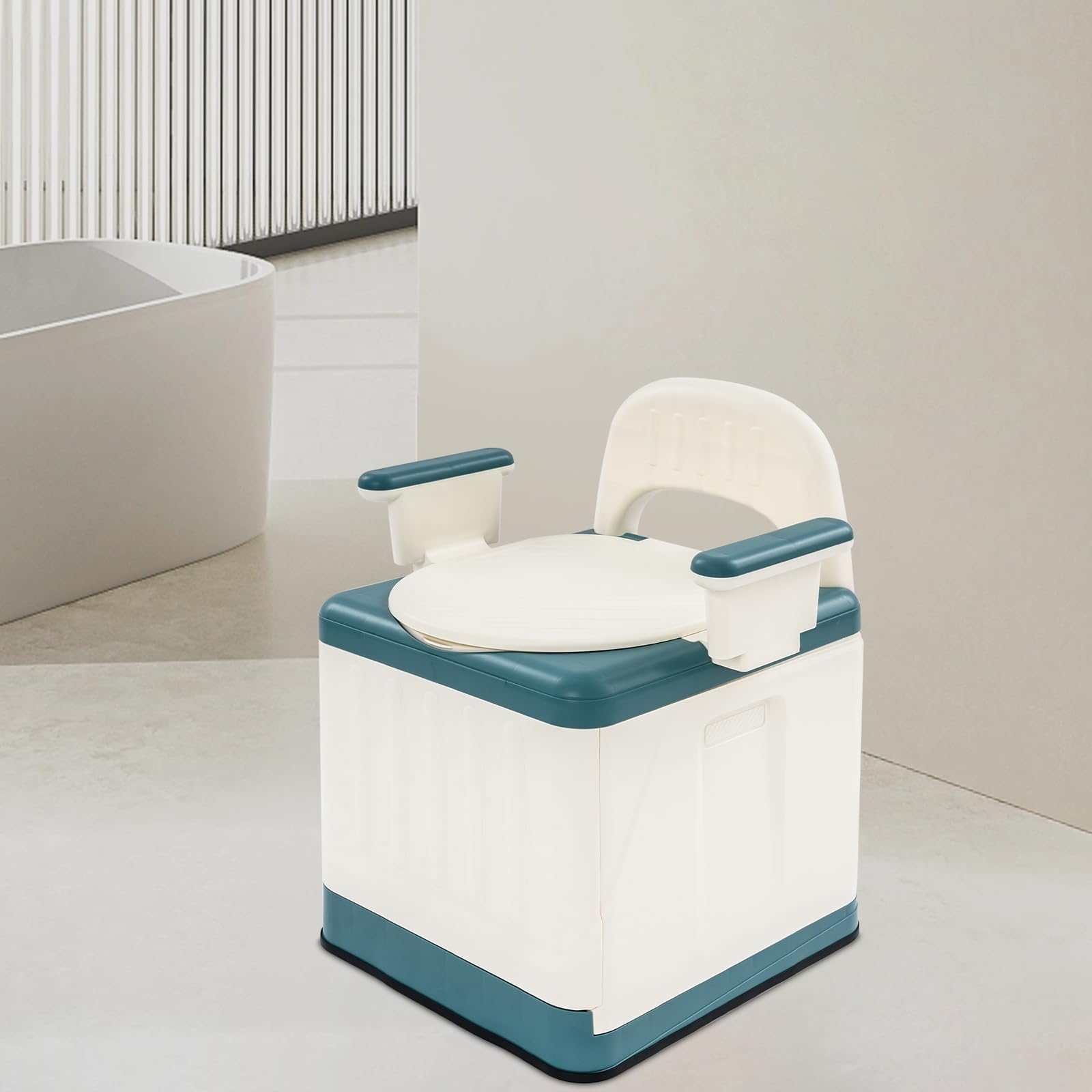 Tragbare Toilette mit Deckel, Mobile Campingtoilette, Max.150kg (Seeblau) | Bedside Kommode Toilette, 39cm Sitzhöhe, Armlehnen Abnehmbar, Toilettenstuhl Klappbar für Bade-, Schlafzimmer, Camping