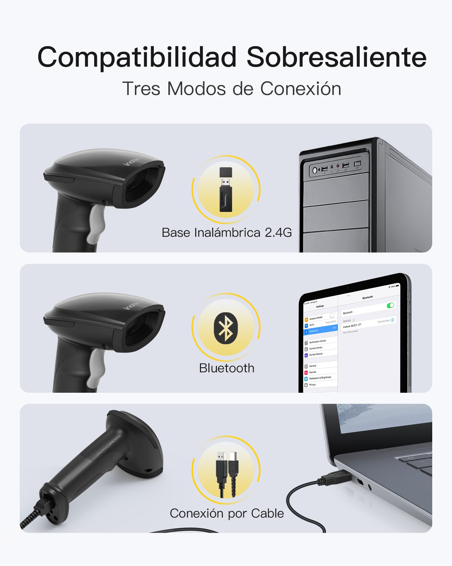 Inateck Escáner de Código de Barras Bluetooth, Lector de Código de Barras Inalámbrico USB 1D 2D Portátil, 1 Carga 3 Meses, Lector Código Barras con App y SDK, BCST-23, Oscuro