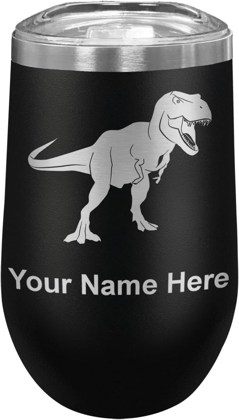 LaserGram 16oz Double Wall Stainless Steel Wine Glass Tumbler, Tyrannosaurus Rex Dinosaur, Personalized Engraving Included (Black)