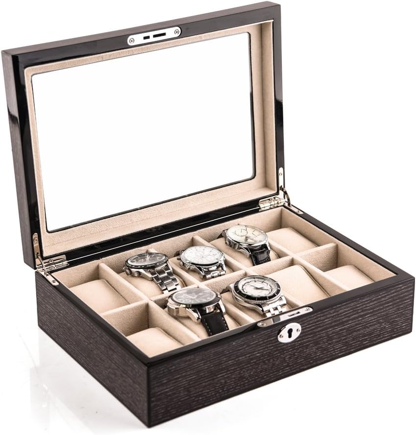HEZALA Watch Box, 10 Slots Watch Storage Case Glass Top, Luxury Wooden Watch Display Organizer with Removable Watch Pillow, Velvet Lining, Metal Clasp, Large Holder - Black