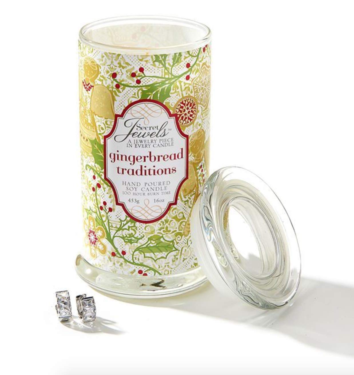 GiftcraftChristmas Winter Holidays Secret Jewels 16 oz Hand Poured Soy Candle Jar, Gingerbread Traditions