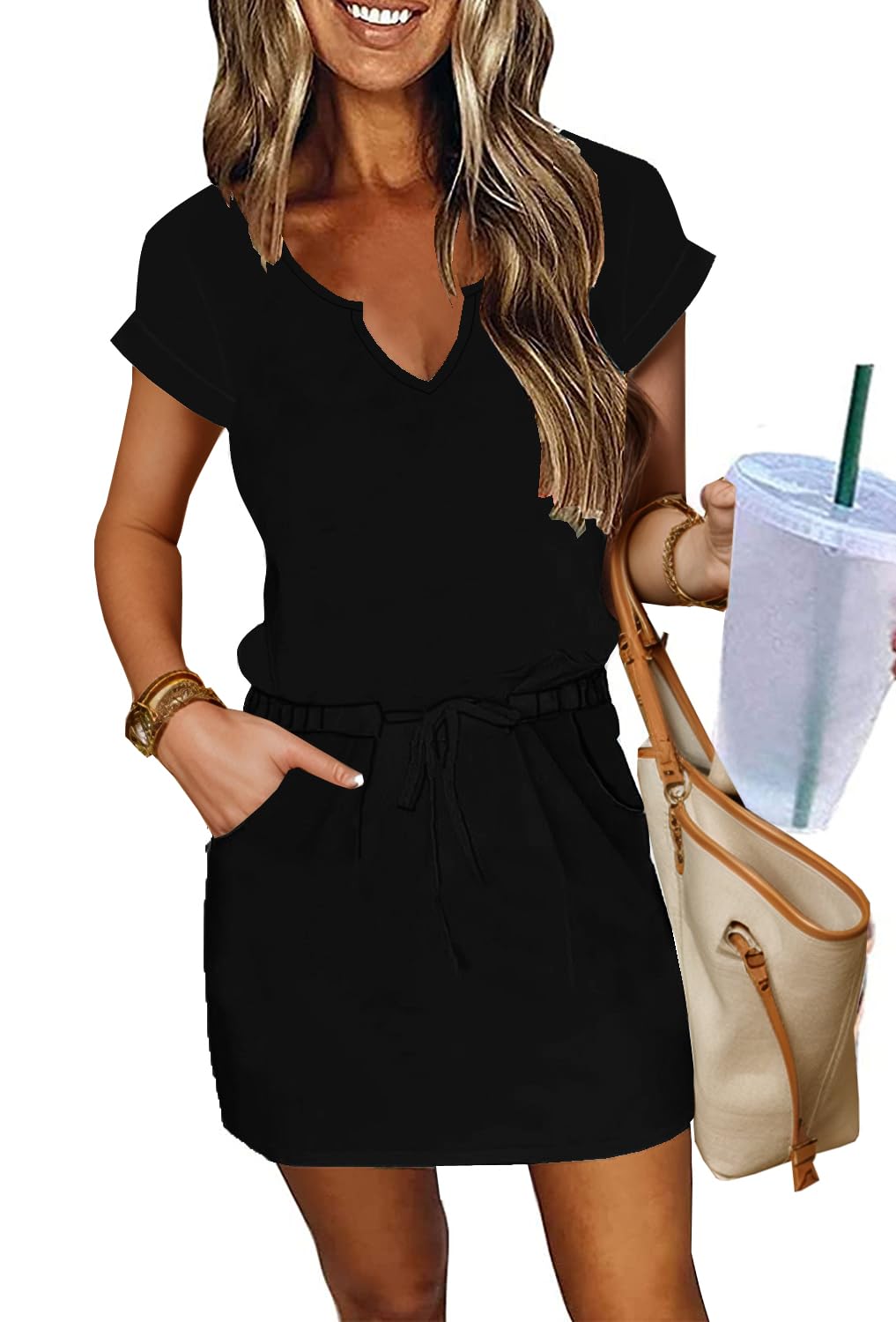 SAUKOLE Women Summer T Shirt Dress Casual Short Sleeve V Neck Dress with Pockets Drawstring Waist Short Dresses