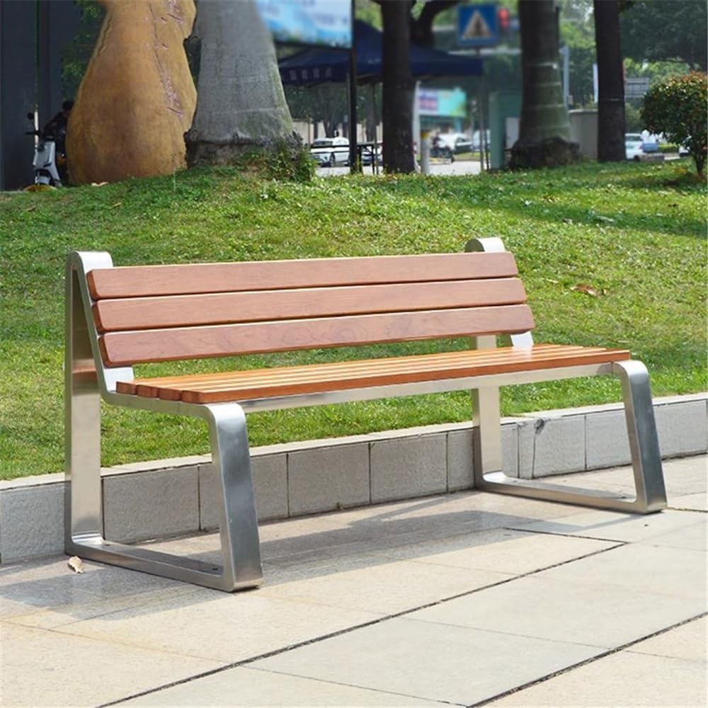 Asientos de jardín Banco de Acero Inoxidable for Exteriores, Asiento Trasero for Ocio en jardín, Silla Doble Larga Madera