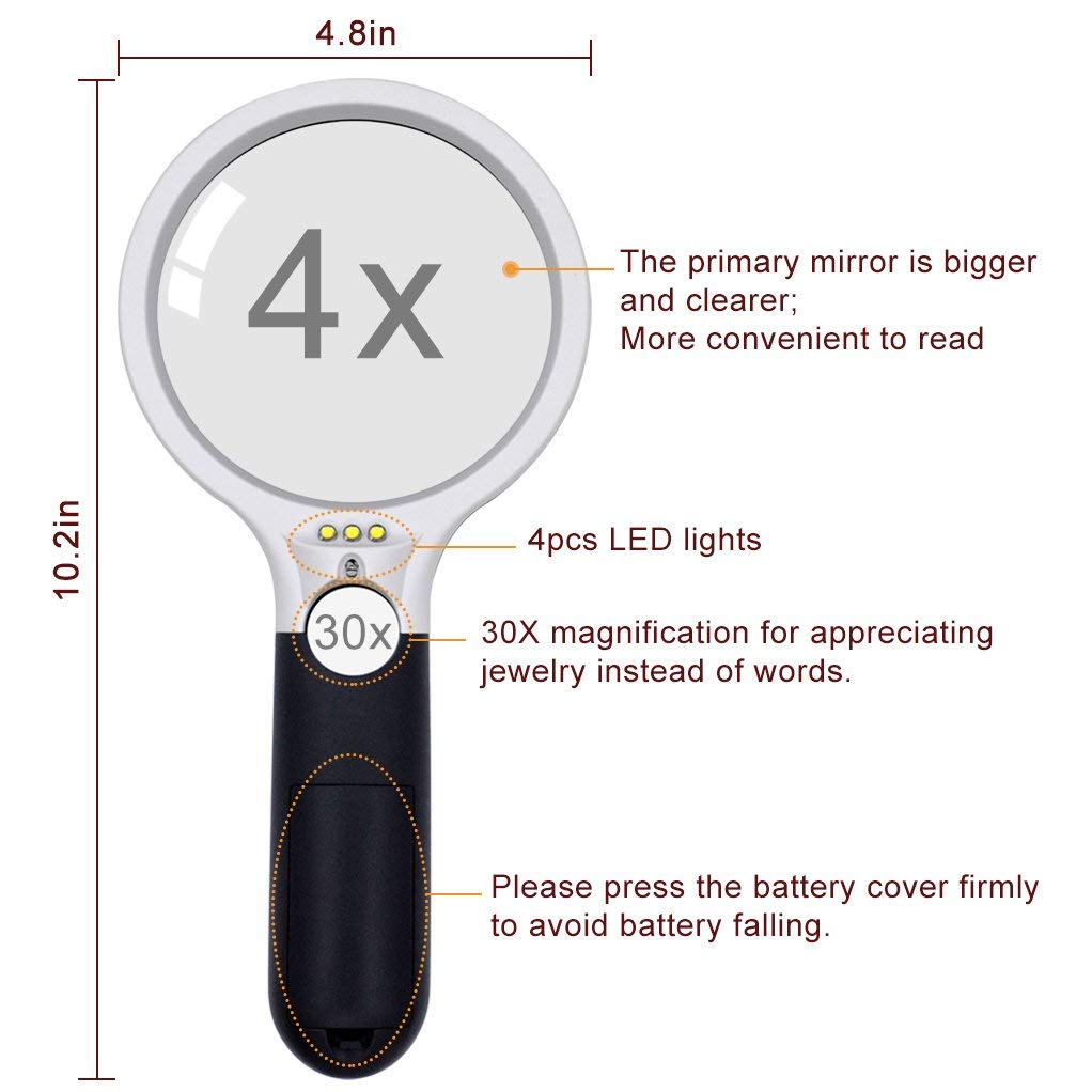 ADTALA 3 LED Light 45x Handheld Magnifier Illuminated Reading Magnifying Glass Lens Jewelry Loupe Ideal for Reading, Crafts, Hobby, Black and White Stitching 2