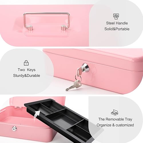 Miniatura 4 de Jssmst Caja de Efectivo Grande con Cerradura de Llave - Caja de Efectivo de Metal Duradera con Bandeja para Dinero, 11.81 x 9.84 x 3.46 pulgadas