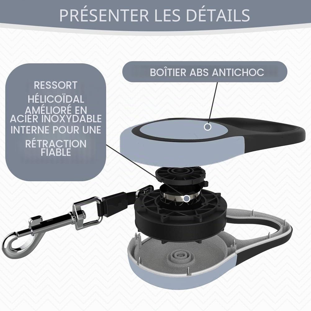 KOOLTAIL Laisse double rétractable pour deux chiens jusqu'à 50 kg, robuste à double tête, extensible à 360 °, sans enchevêtrement, laisse pour chiens de petite, moyenne et grande taille, gris