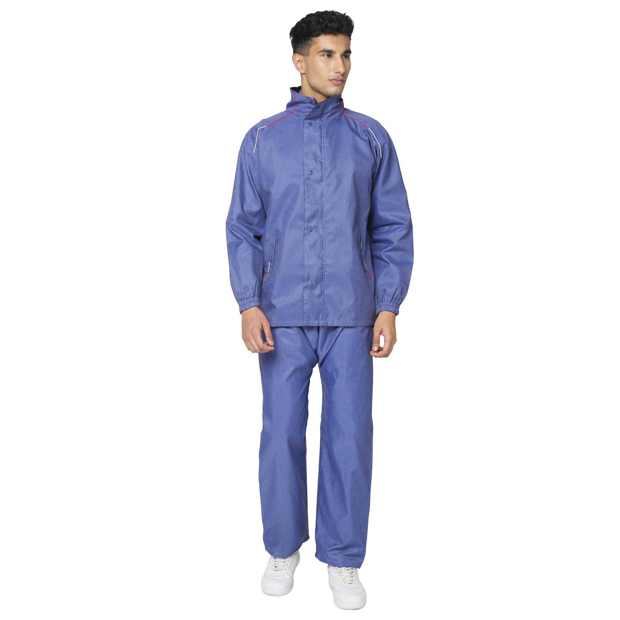 Hooded Raincoat for Men Women Waterproof for Bike Riders 2T Slub Fabric Lightweight Stylish Sealed Hood, Large Pockets, Heavy-Duty Zippers Rainwear with Carry Pouch-CR014