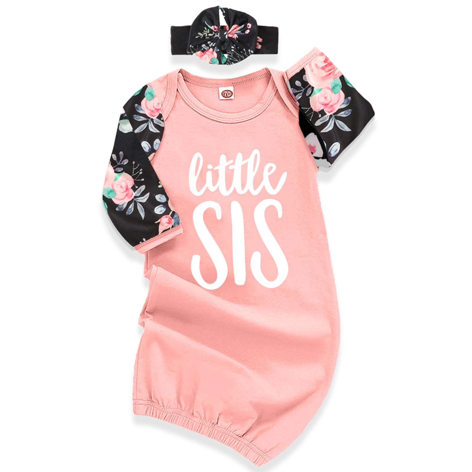 AMAWMW Newborn Baby Girl Little Sister Sleeper Gown Stripe Long Sleeve Nightgown Pajamas Gifts Stuff Essential Outfit A Pink Flower Black Sleeve 0-6 Months