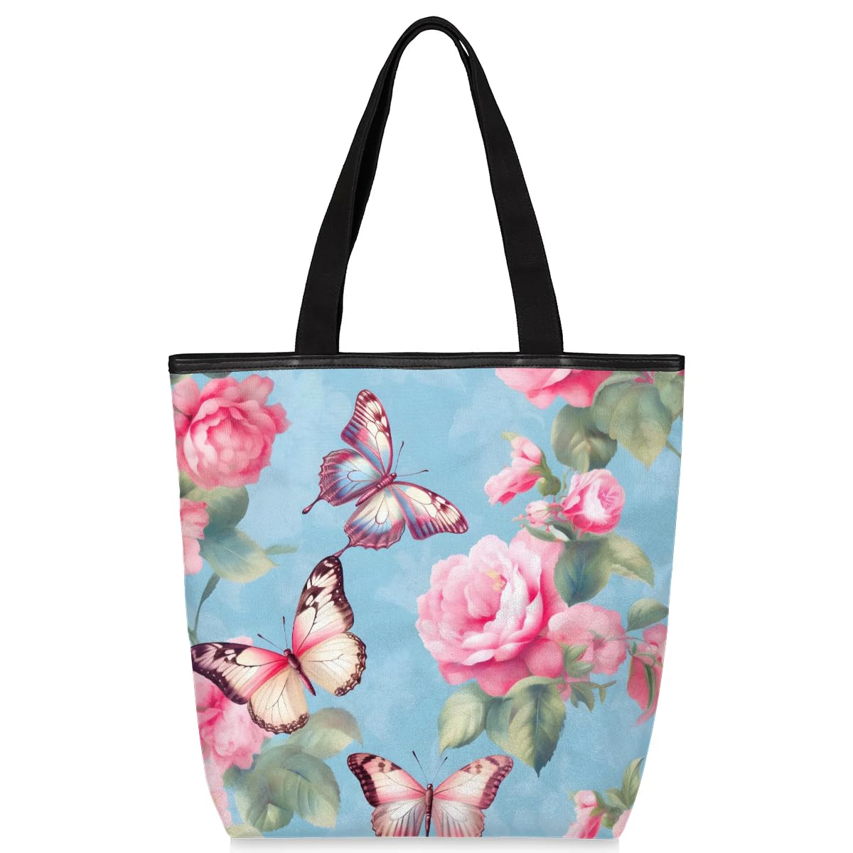 Mularoka Watercolor Flowers Butterflys Canvas Tote Bag with Zipper and Pockets Canvas Tote Shopping Bag Women Reusable Grocery Bag for Beach Travel Gym Shopping