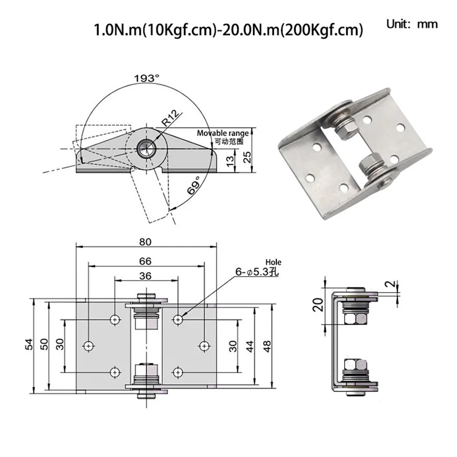 Arbitralny moment obrotowy ze stali nierdzewnej duże zawiasy z regulowaną osią tłumienia 1 szt. (4,0 Nm (40 kg cm))