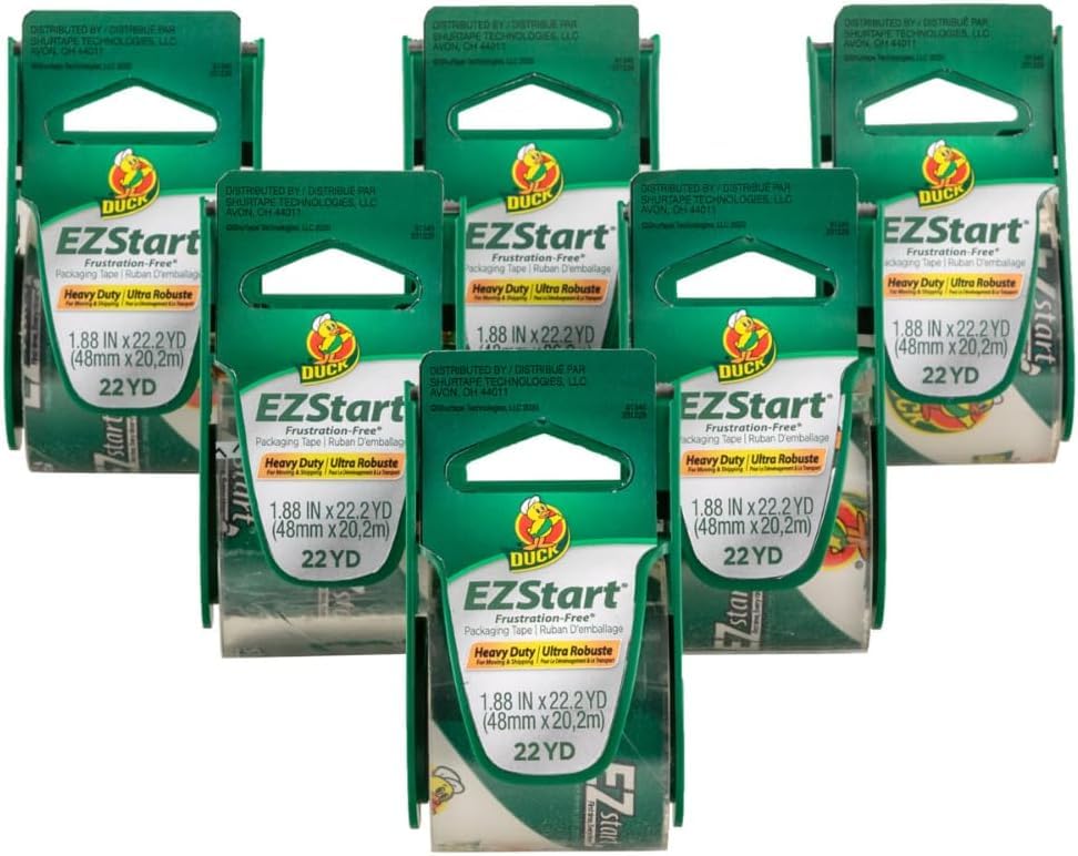 Duck EZ Start Clear Packing Tape with Dispensers – Quiet Easy Start Packaging Tape for Boxes,Shipping,Moving &amp; Storage - 1.88 Inch x 22.2 Yards - 1.5" Core - Clear (824922),(Pack of 36)