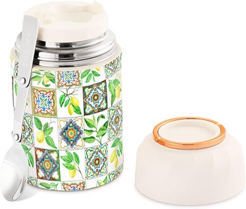Miniatura 1 de MCHIVER Lemon Tiles - Tarro de alimentos con cuchara de acero inoxidable aislado al vacío, termo de 17 onzas para el almuerzo
