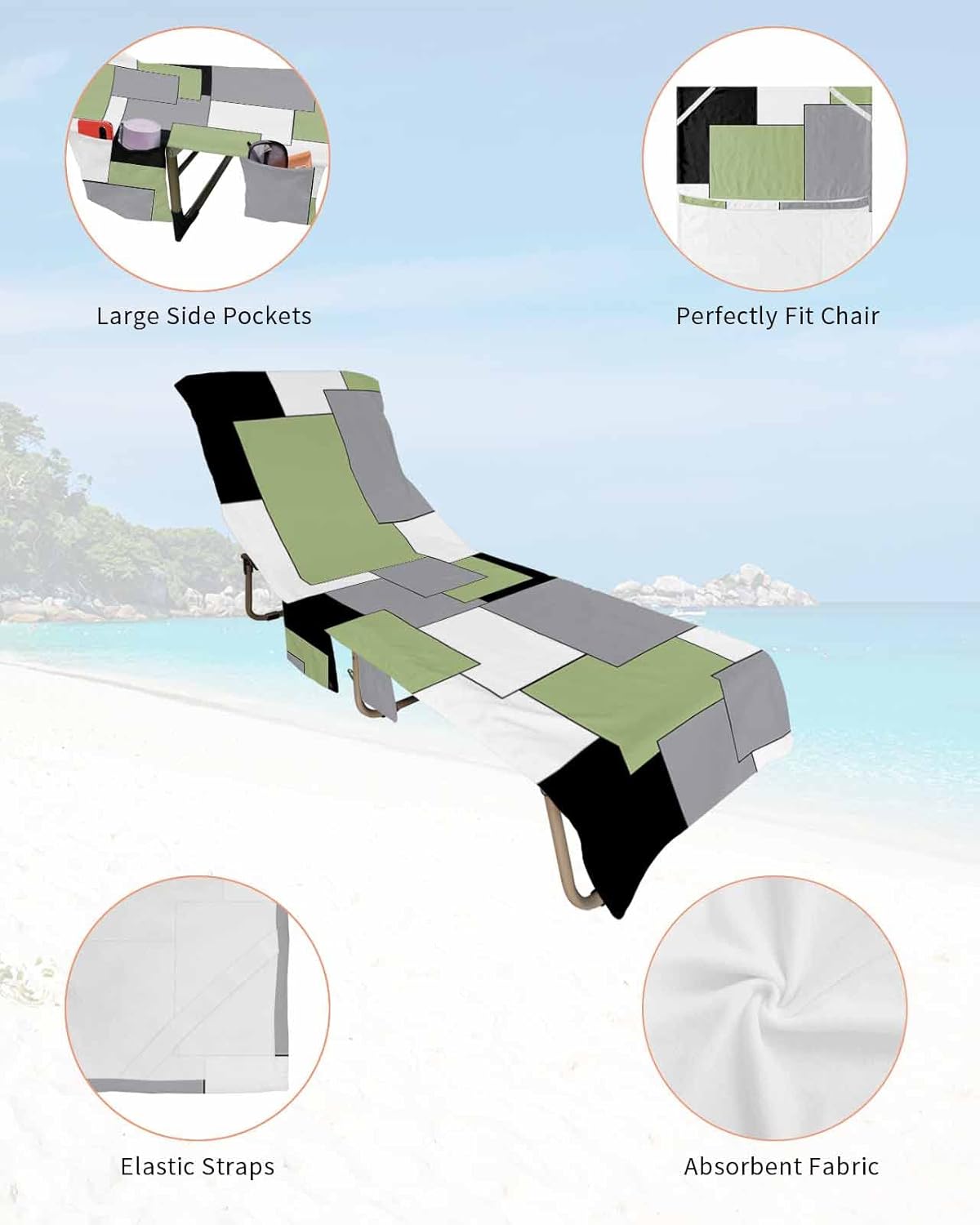 Middle Century Beach Pool Patio Lounge Chaise Chair Cover Towel With Pockets,Absorbent & Quick Dry Microfiber Towel Cover Bag Summer Accessories Green Grey White Abstract Patchwork Color Art