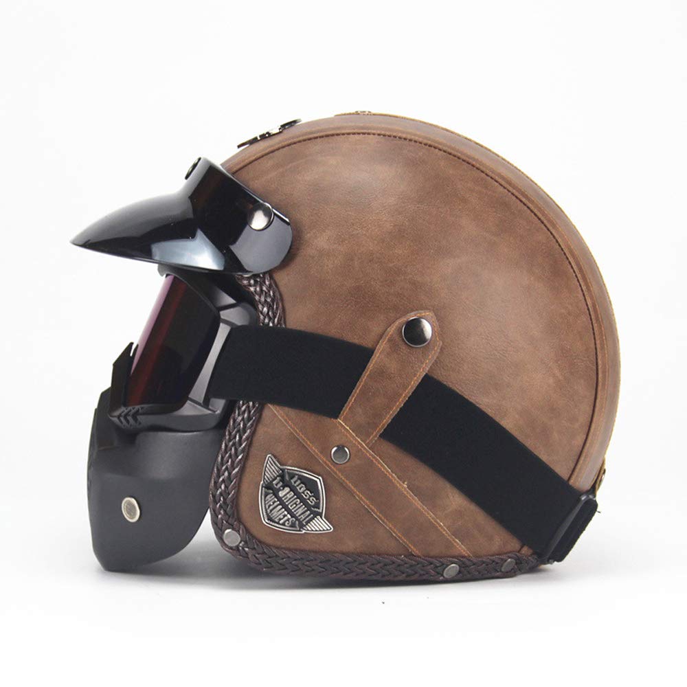 BGMKE Retro Motorrad Offener Helm Leder Helm Mit Fl Produktbild-Vorschau 2