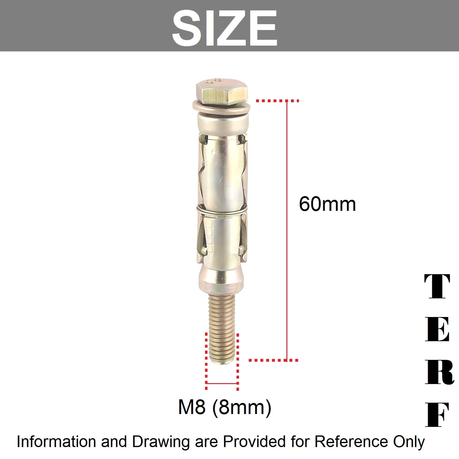 TERF® M8 X 60mm Loose Bolts M8 X 60mm (M8:10L) Zinc or Zinc Yellow Passivated Steel Heavy Duty Expansion Bolt Shield Anchor Plug for Masonry Brick Concrete - Image 3