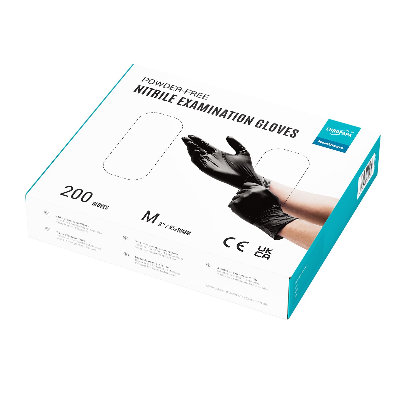 EUROPAPA® 200 guanti usa e getta in nitrile senza polvere EN455 EN374, guanti monouso senza lattice, taglie S, M, L & XL disponibili (M, Nero)