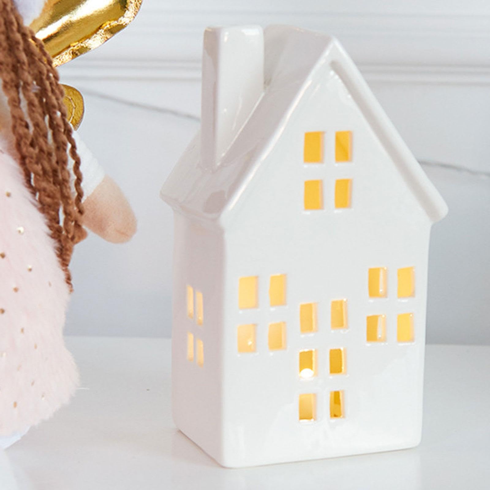 Adorno de Escritorio Iluminado para Pueblo Navideño, Figura de Construcción de Casas Rústicas de Cerámica, Decoraciones Navideñas para Interiores, Estilo C, Individual