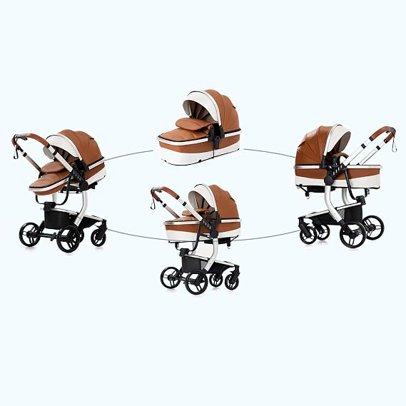 PU Leather 2 in 1 Convertible Baby Stroller with Bassinet Mode, Reversible Infant Bassinet Stroller with One-Click Folding, Toddler Newborn Travel Standard Carriage Pram (2US518-Khaki)