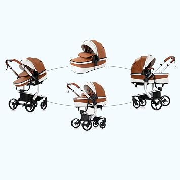 PU Leather 2 in 1 Convertible Baby Stroller with Bassinet Mode, Reversible Infant Bassinet Stroller with One-Click Folding, Toddler Newborn Travel Standard Carriage Pram (2US518-Khaki)